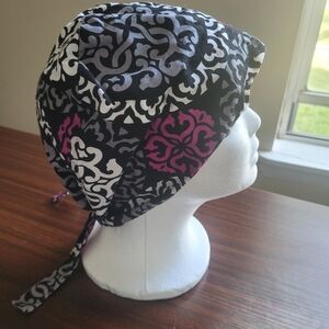 Black and White Patterned Scrub Hat with Pink Accents